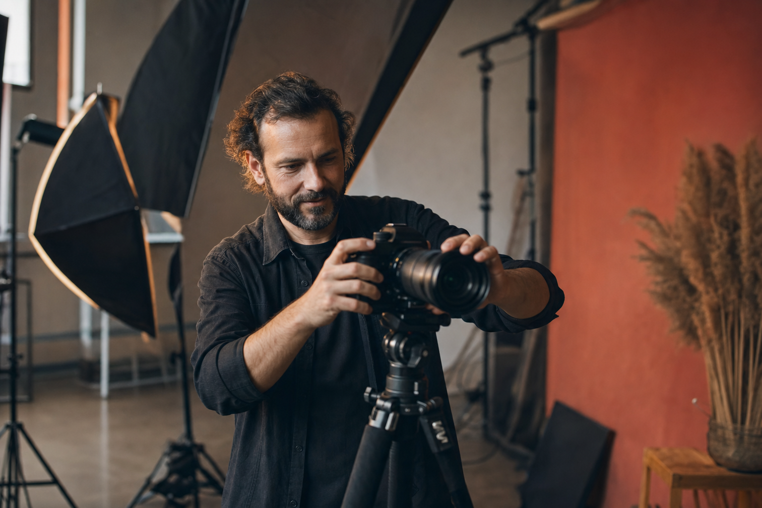 Antoine Lambert au travail dans son studio photo à Mulhouse, appareil à la main