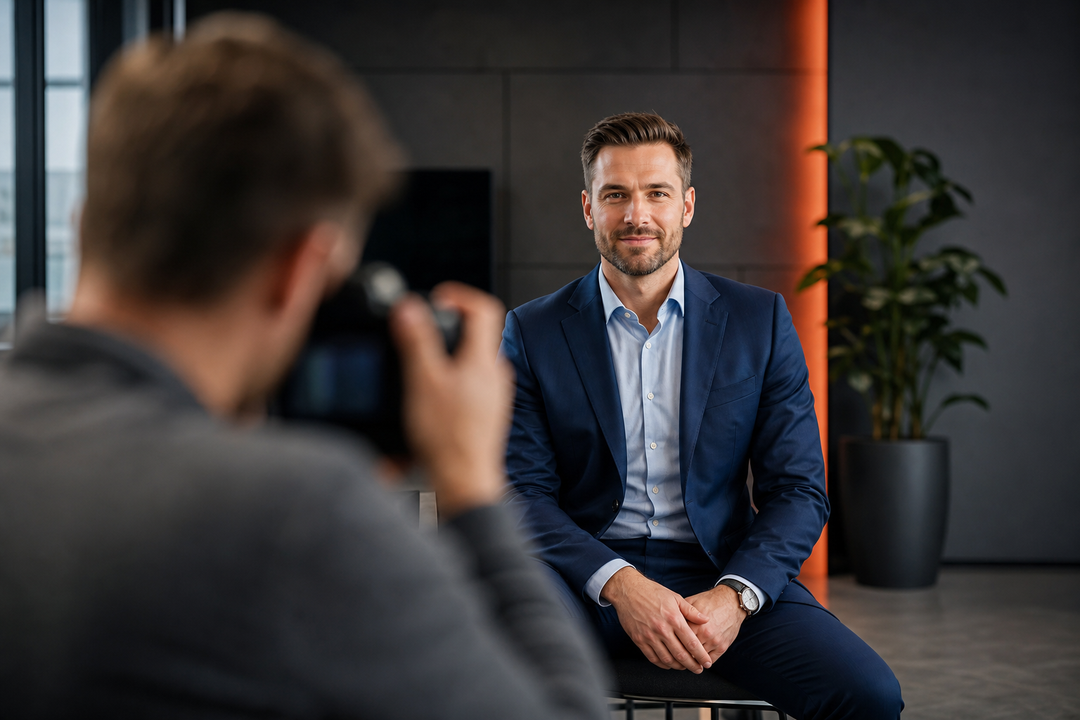 Portrait corporate d'un dirigeant en environnement de bureau épuré